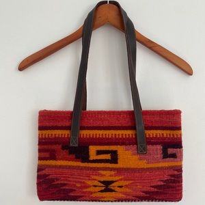 Woven Wool Aztec Western Bag with Leather Straps Red and Orange